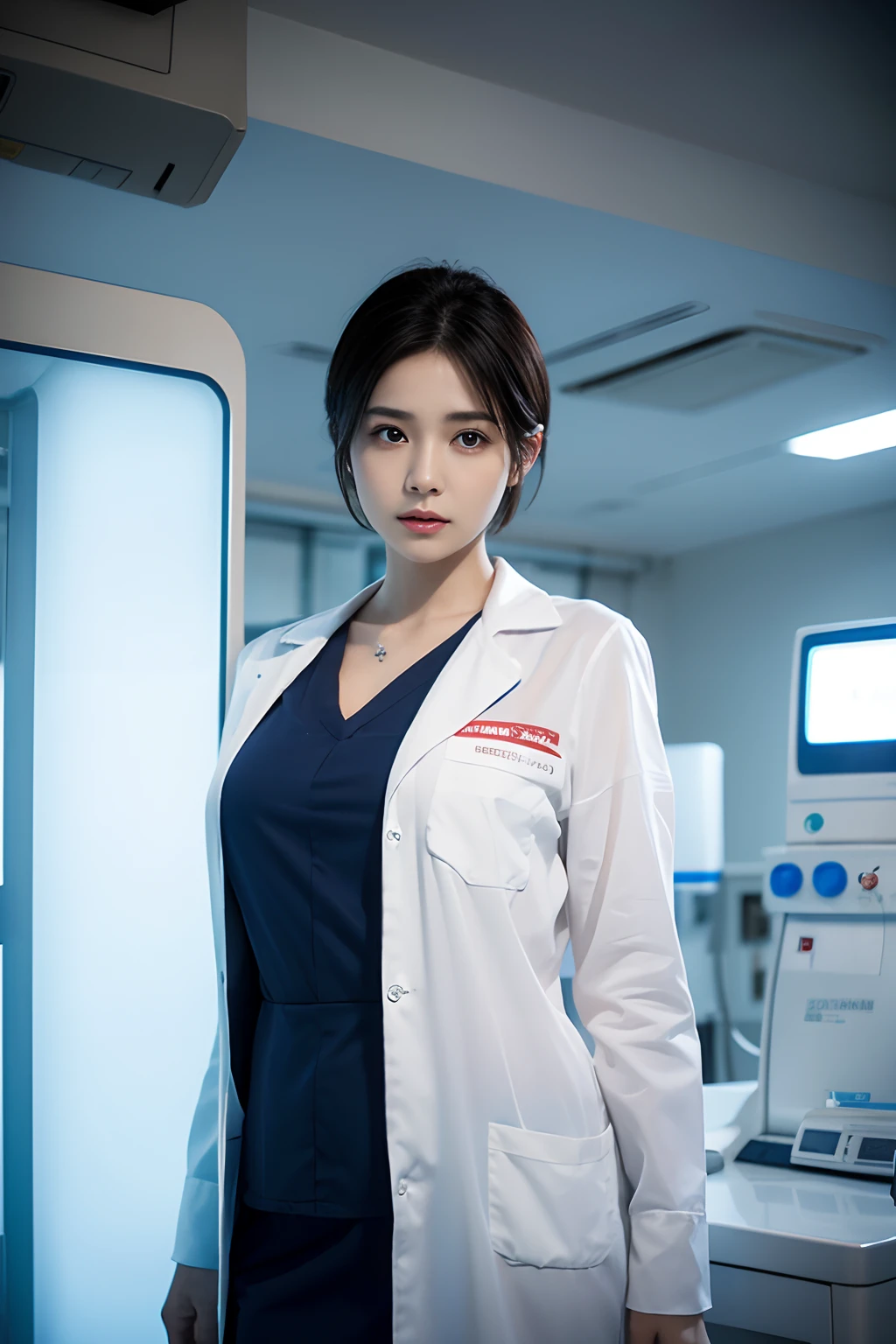 nurse woman ,Nurse's uniform,Good figure head nurse,short detailed hair,Intensive care unit ward background, White skin of the,Translucent skin,advertisement photography