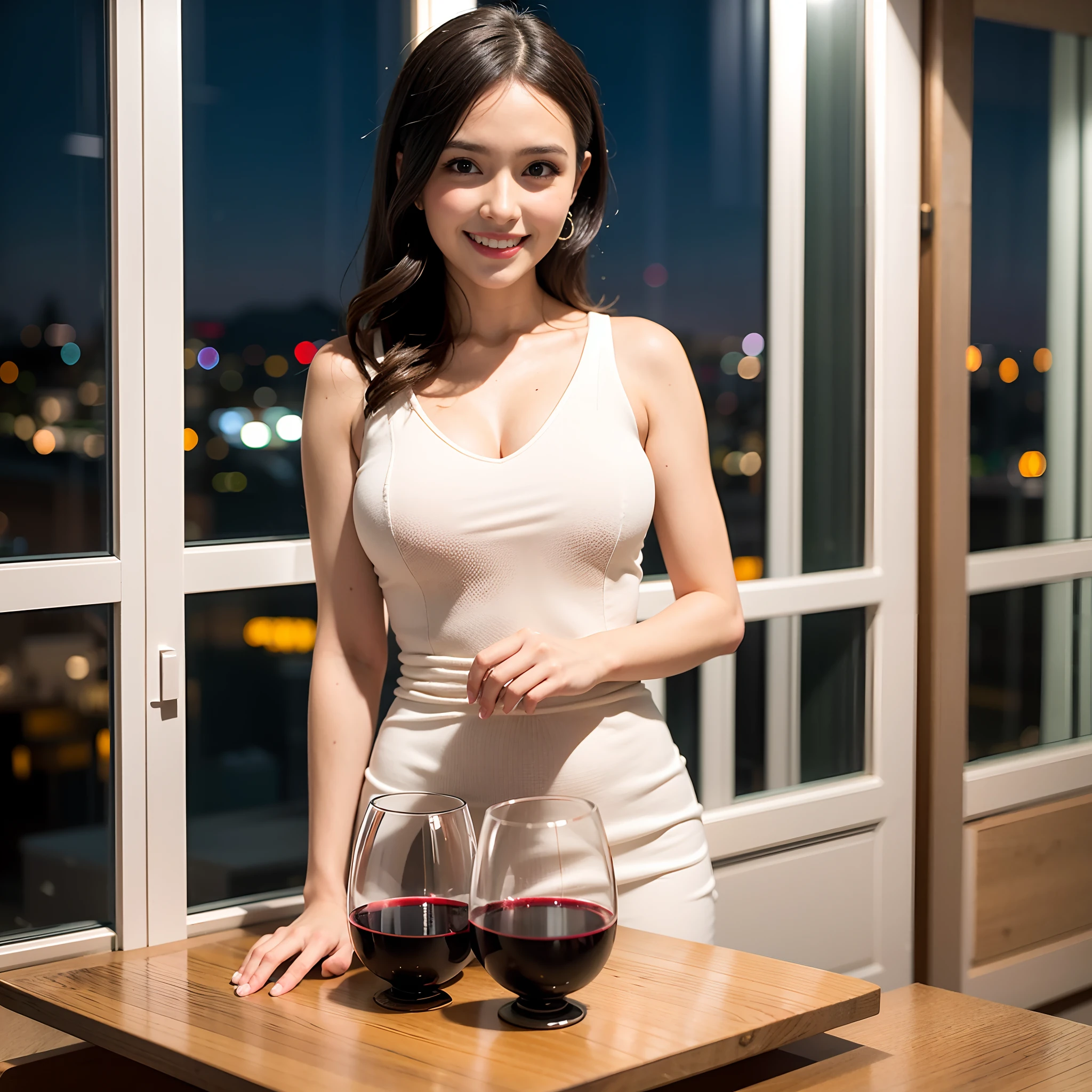 (64K, UHD, top quality, masterpiece: 1.2), (realistic, photorealistic: 1.37), super detailed, pretty woman 1 person, (slim face), (slim body), (brown hair), (short cut), cheeks slightly blushing, (44 years old), 38 years old, solo, beautiful detailed urban night view outside the window, restaurant, wine glasses sit, at night, in a prominent placeNovaFrogStyle, Actress, Model, Waist Up, White Wine, Slim, Wine Glass, Super Clean Night View, Wine Glass Put in the Middle, Happy Smile, (Smile: 1.15), Beautiful Fine Eyes, Upper Body, Bust Japan Up, Night, Short, Short, Actress, Model, Waist Up, White Wine, Slim, Wine Glass, Super Clean Night View, Wine Glass Put in the Middle, Happy Smile,