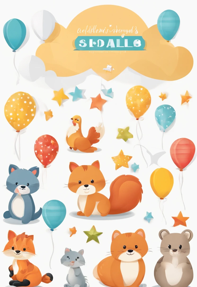 (Cartoon critters),adolable,(Sticker screen),white edges,Distribute to typesetting sets,(Sticker style),Flat style,Different kinds of cartoon balloons,cute illustration,flatillustration,paper cut out,solid color backdrop