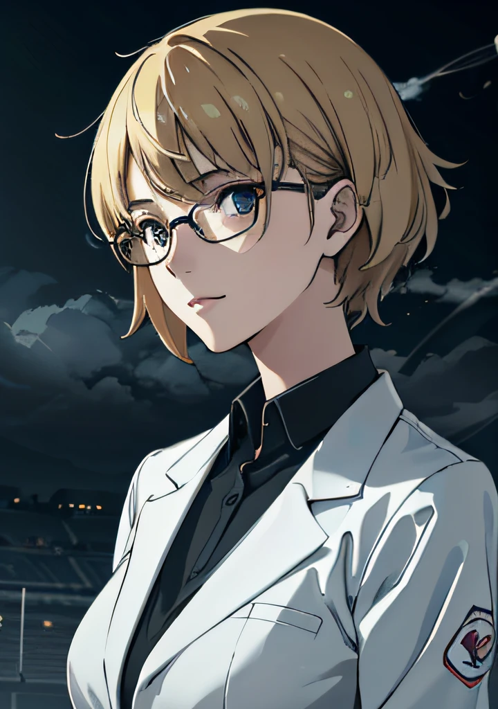 masterpiece, (volumetric lighting:1.5), (atmospheric:1.5), best quality, best artist, 4k wallpaper, 1girl, ritsuko, lab coat, blonde hair, glasses, happy, large breasts, looking at viewer, solo, showing indifference, soccer field