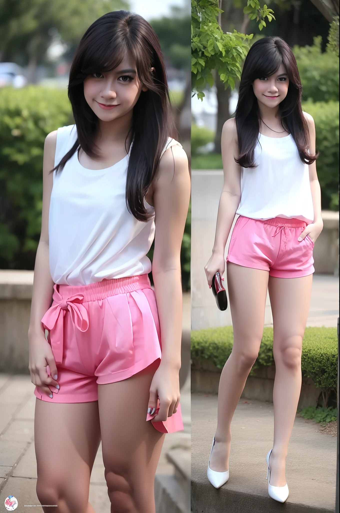 best quality, ultra-high res, (photorealistic:1.4), long hair, bangs, red tight hotpants, chameltoe, full body, looking_at_viewer. little smile, white tanktop, high heels, standing Graceful, passion style, Smooth lips, detailed eyes, glaze eyes, public park, zoom, Cleavage