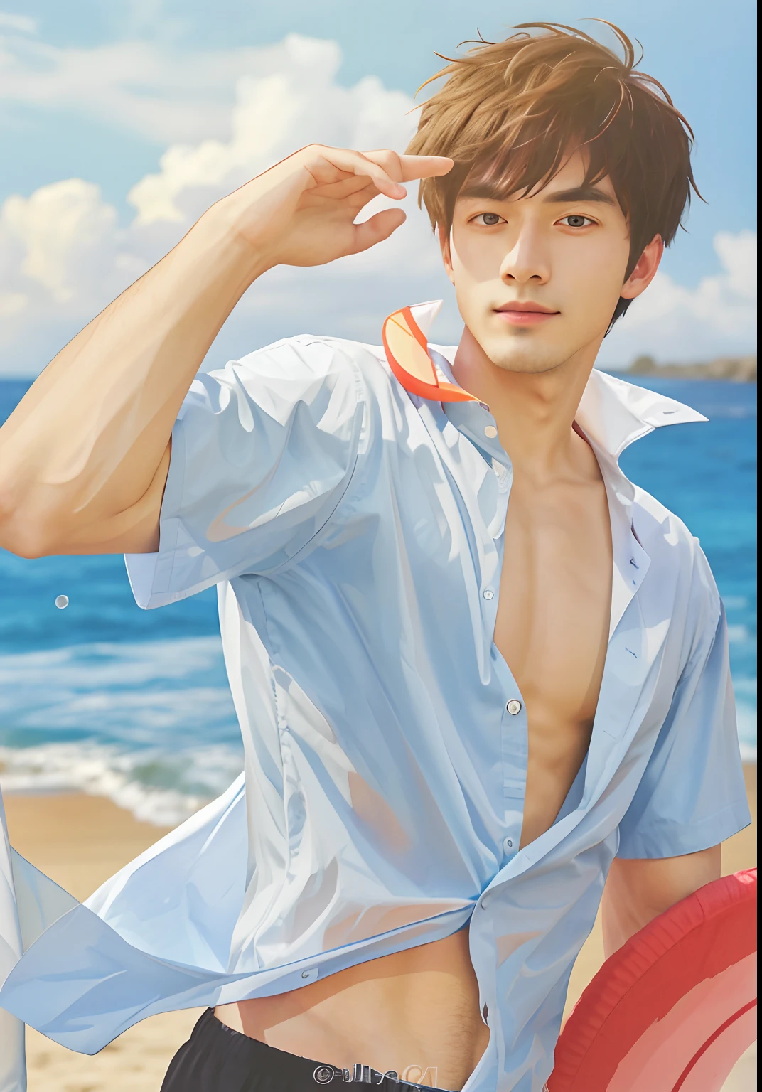guy with a shirt on standing on the beach with a frisbee