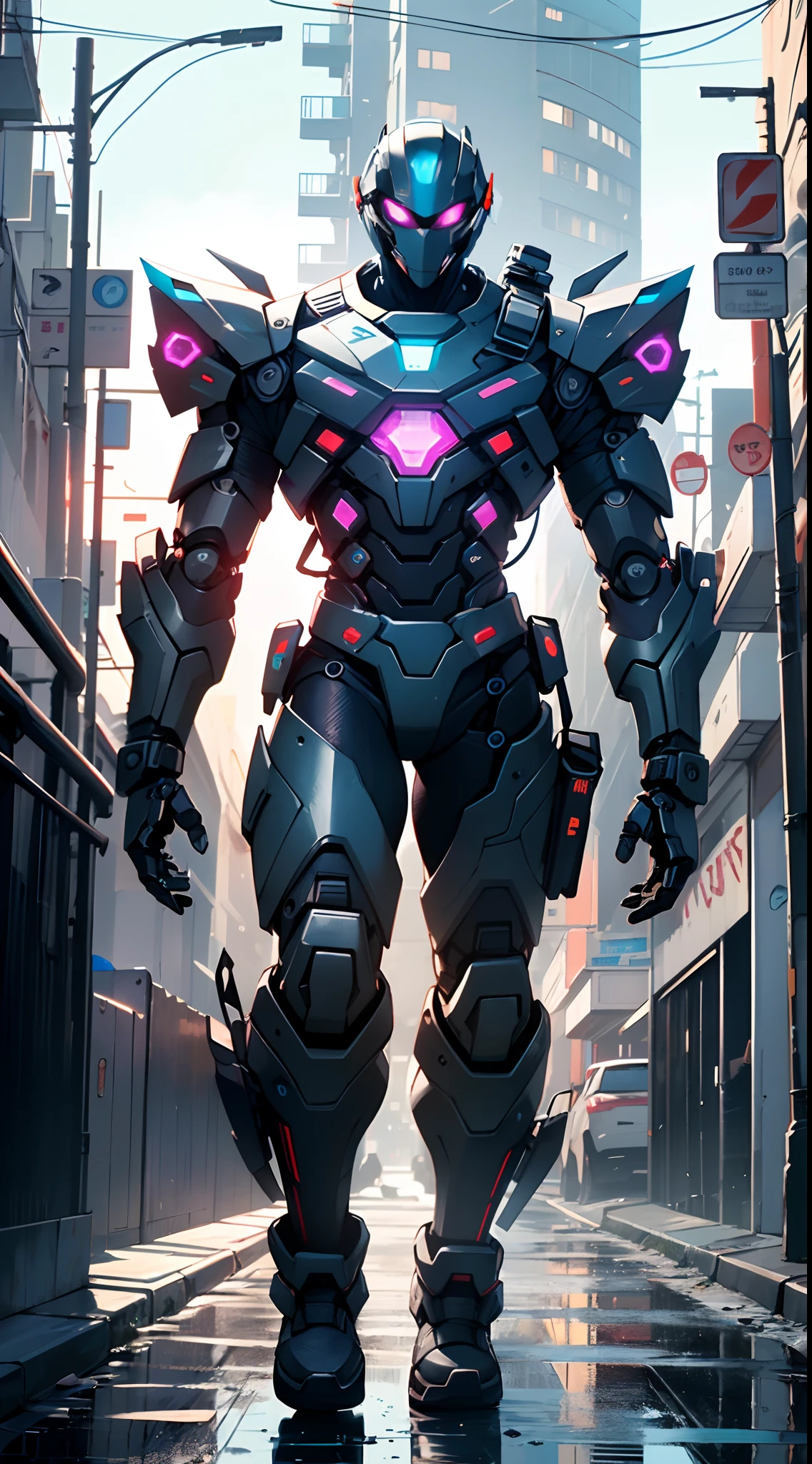 Imposing black plastic metal android robot,three meters tall and with a minimalist design that highlights its marked metallic musculature. His head is smooth and adorned with RGB lights that highlight his uniqueness and futurism.
He carries a metal backpack on his back that contains drones,turrets,and firearms. The backpack has spidery legs that allow it to move quickly.
Although most of his body is a deep,glossy black,there are orange,purple,and blue details that highlight his striking,futuristic design. It is undoubtedly an impressive creation that does not go unnoticed.
(((muscular))),hypermuscle, hyper muscles,carbon robot,humanoid robot, robot, robot joints, joints, helmet, armor, head-mounted display,(((robot with minimalist design))),
(dynamic pose:1.0),solo focus,(centered,scale to fit dimensions,Rule of thirds),
cyberpunk city by the ocean at night, with bright neon signs and dark stormy clouds and puddles, scenery:1.25,
artistic photography,(photography taken by sldr),highres, sharp focus, (ultra detailed, extremely detailed), (photorealistic artwork:1.37),(extremely detailed CG unity 8k wallpaper),((synthwave background theme)),(((vibrant colors))),(intricate background),(masterpiece),(best quality),