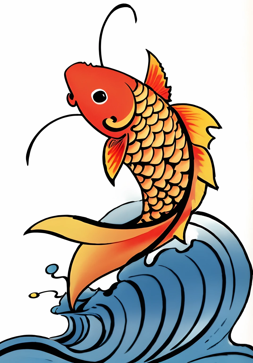 A cartoon fish jumping out of waves on white background, diego koi, inspired by Katsushika Ōi, koi fishes, ( ( ( koi colors ) ) ), hokusai style, Koi, author:Koichiro Kume, inspired by Kameda Bōsai, katsushika hokusai style, inspired by Kawanabe Kyōsai