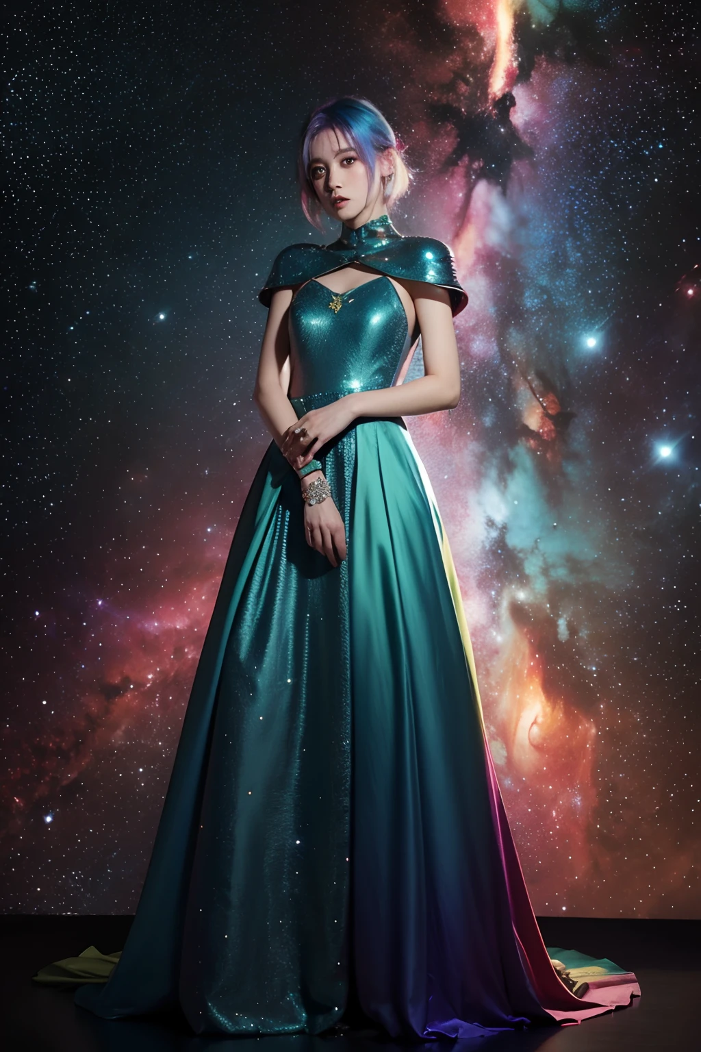 women with rainbow colored hair and detailed teal dress armor, standing, rainbow colored cosmic nebula background, stars, galaxies, intricate details, perfect face