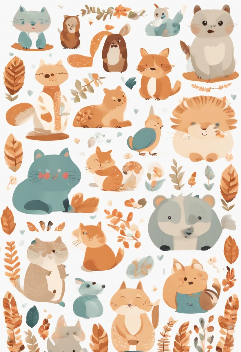 （Cartoon critters），adolable，（Sticker screen），white edges，Distribute to typesetting sets，（Sticker style），Flat style，Rich in color，（kotori），cute illustration，flatillustration，paper cut out，solid color backdrop