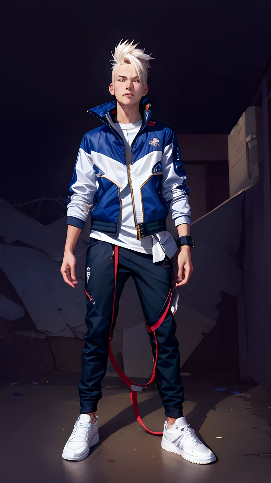 1 boy,White rage cobra hair,Starsea navy jacket,Starsea navy pants,White sports shoes, realistic