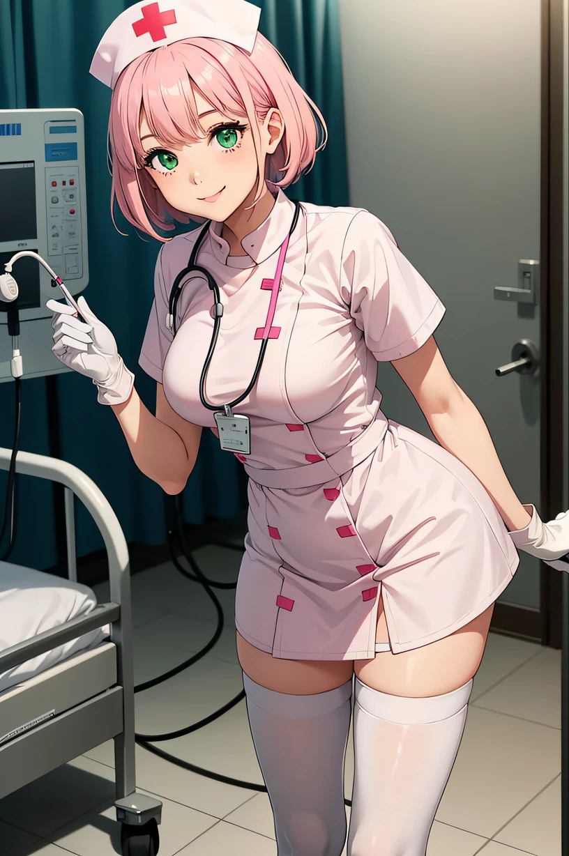 1 female, alone, nurse, nurse cap, White nurse uniform, ((white legwear, zettai ryouiki)), white gloves, pink hair, green eyes, droopy eyes, pink lips, smile, Are standing, ((hospital room)), sharp outline, short sleeve, mature woman, 32 years old, highest quality, masterpiece