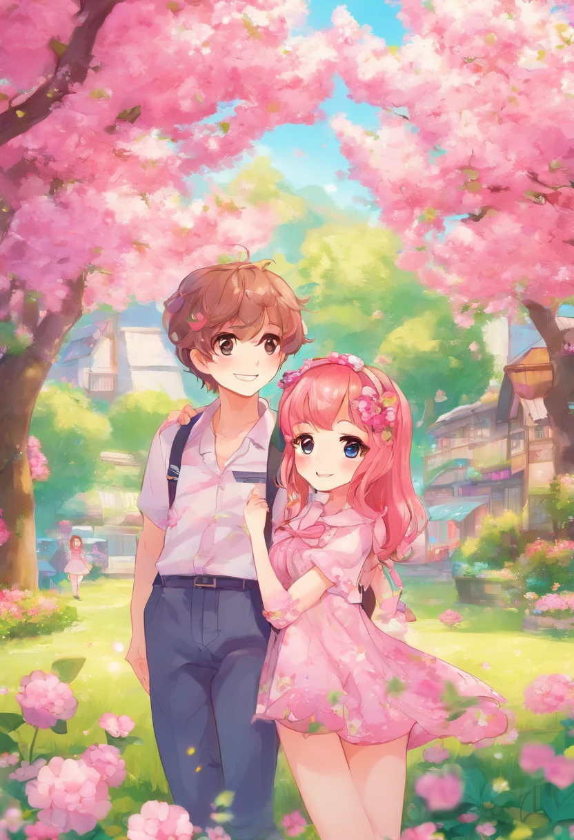 They are in front of a tree with pink flowers, sunny afternoon