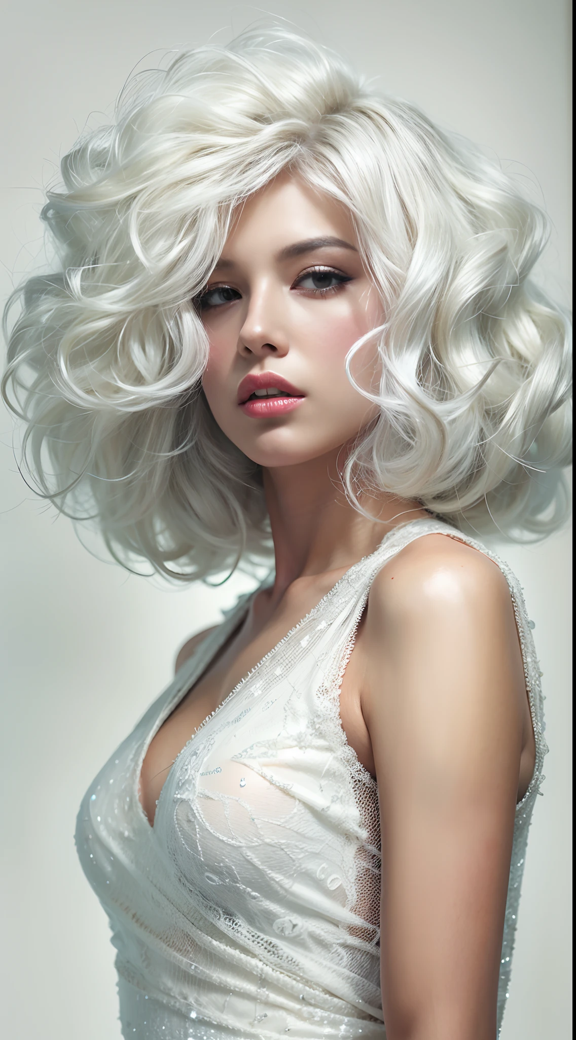 Retrato de corpo inteiro de um lindo modelo mulher adulta com cabelo brancos curtos, usando uma roupa de couro branco, hyper realistic, illustration, trending on ArtStation, disco Rigido, 4k, 8k, anatomia detalhada intrincada, design de personagens, Por James Gurney e Tom Bagshaw