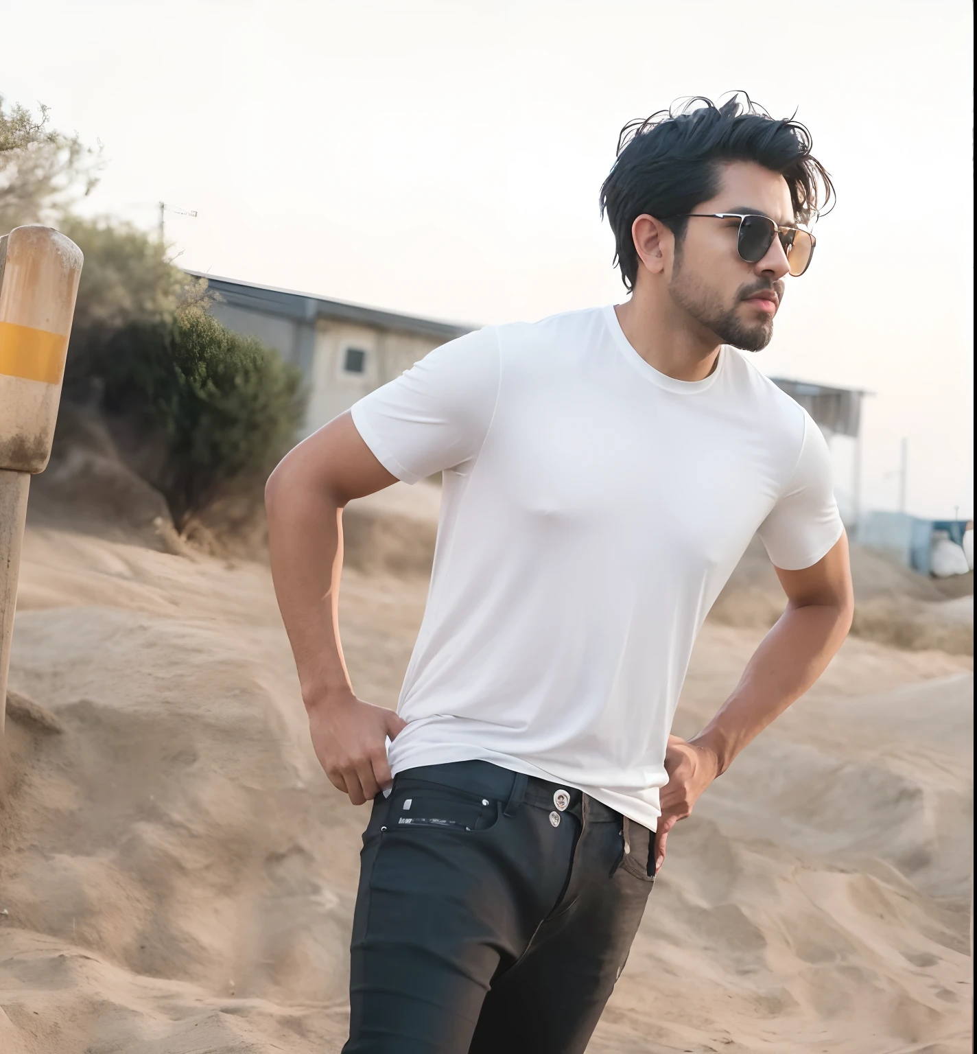 there is a man standing on a dirt road with his hands on his hips, plain white tshirt, stylish pose, man in white t - shirt, modeling shoot, dressed in a white t shirt, dressed in a white t-shirt, candid picture, white tshirt, taken with sony alpha 9, wearing a t-shirt, in tshirt, with a cool pose