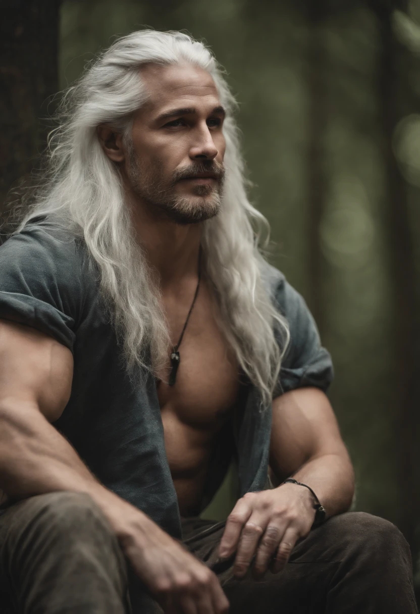male with wolf ears and a wolf tail, long white hair with flowing long locks, has light beard, shirtless, wearing fingerless gloves, wearing worn jeans, is sweaty