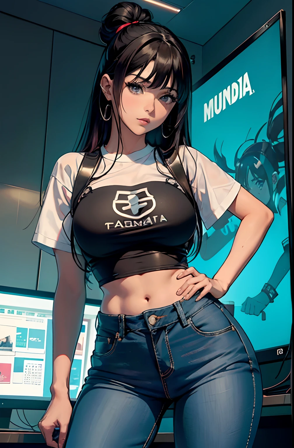 (Hinata Hyuga, muito sensual, com roupas apertadas, bunda grande, pernas grossas, Wearing extremely tight jeans, usando uma mini blusa, umbigo com pirsing, cabelo grande, Speaker behind, muito realista, extremamente sexy, 8k, 8k extremamente detalhado), (um extremamente delicado e bonito), (obra-prima), (melhor qualidade: 1.0), (ultra highres:1.0)
