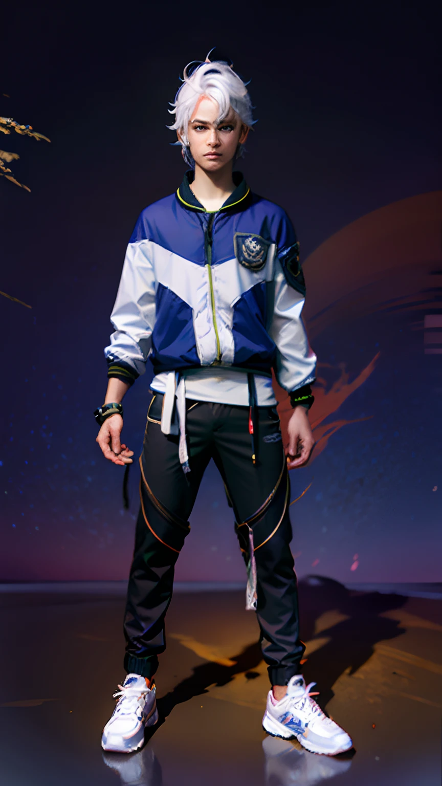 1 boy,White rage cobra hair,Starsea navy jacket,Starsea navy pants,White sports shoes, realistic