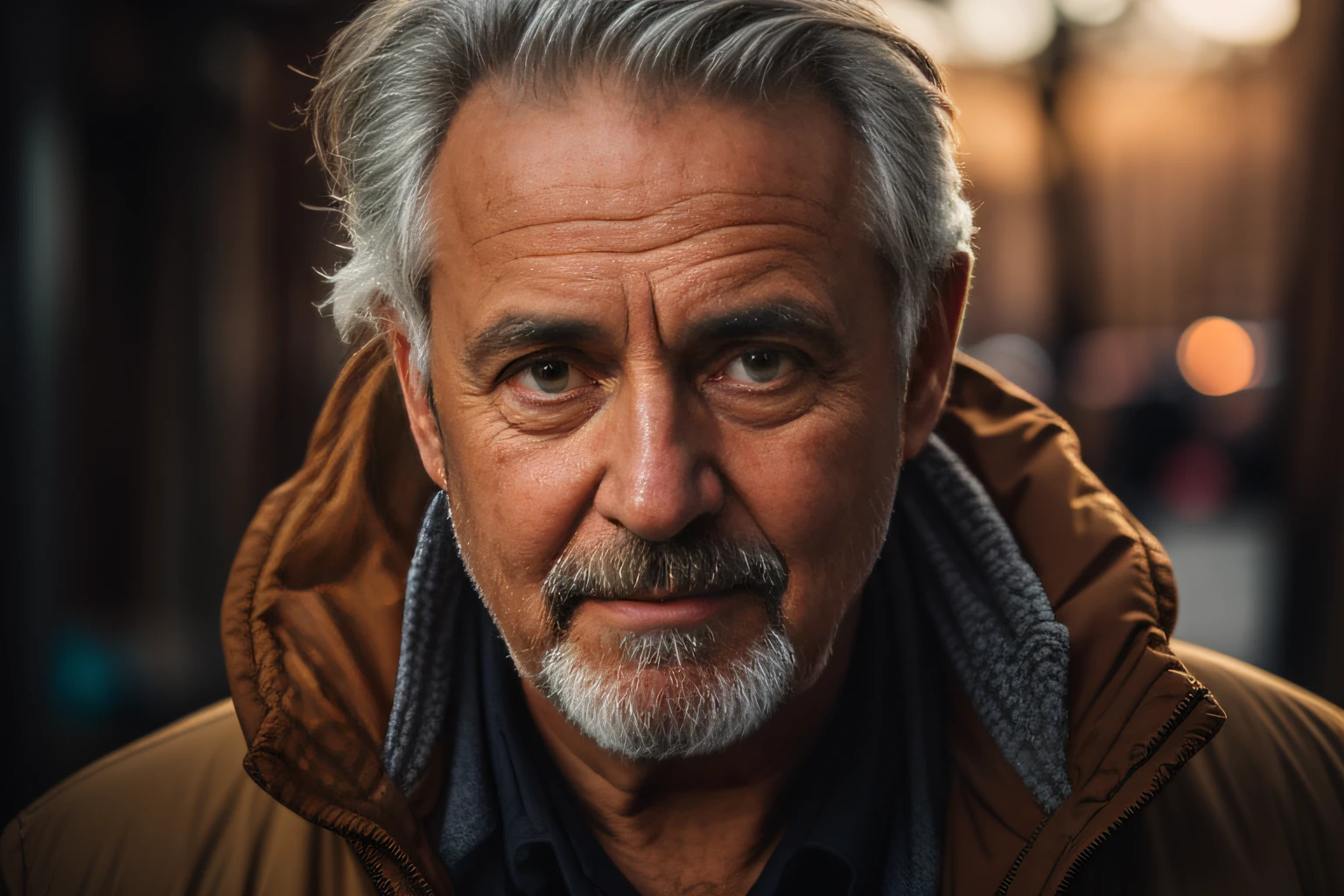 homem mais velho com cabelos grisalhos e barba vestindo uma jaqueta marrom, homem de cabelos grisalhos escuros, cinematic headshot portrait, color photograph portrait 4k, Retrato tirado 8 K, foto retrato suave 8 k, homem de meia-idade, cinematic portrayal, foto do retrato de um homem velho, foto de um homem, Retrato de 50mm, fotografia retrato 4K, 50 mm lens photo portrait