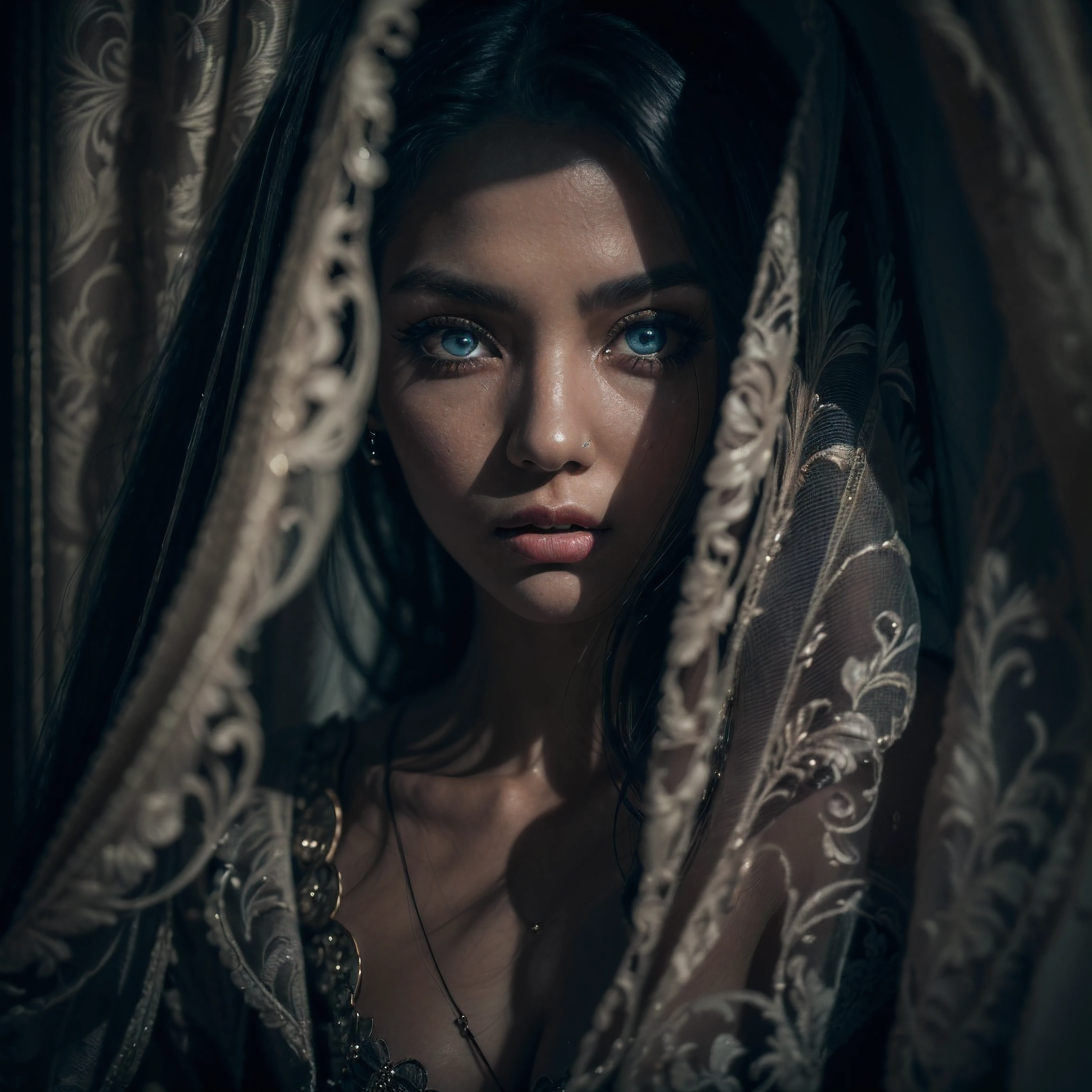 (complex composition:1.3), (detailed and expressive eyes:1.6), (futuristic style), (An exquisite portrait of a demonic woman:1.3), (she wears elegant regal clothing:1.2), (closed mouth:1.2), (authentic expression in her eyes: 1.2), wearing dark smoke eye makeup, the photograph captured in stunning 8k resolution and raw format to preserve the highest quality of details. (bare shoulders), (her eyes are portrayed with meticulous attention to detail: 1.3), The photograph is taken with a lens that emphasizes the depth in her eyes, and the backdrop is a dark studio setting that enhances the colours of the scene. The lighting and shadows are expertly crafted to bring out the richness of her skin tone and the intense atmosphere. Her creative hair adds a touch of contrast against her skin, The overall composition captures her essence with authenticity and grace, creating a portrait that celebrates her heritage and beauty. Photography utilizing the best techniques for shadow and lighting, to create a mesmerizing portrayal that transcends the visual, slightly tilted head,