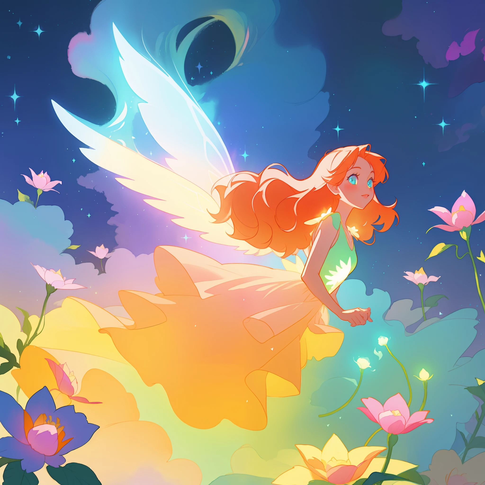 beautiful girl in flowing ballgown dress, (glowing fairy wings), glowing flowing ballgown, long wavy hair, sparkling fairy wings, watercolor illustration, flowers and colorful plants, inspired by Glen Keane, inspired by Lois van Baarle, disney art style, by Lois van Baarle, glowing aura around her, by Glen Keane, jen bartel, glowing lights! digital painting, flowing glowing hair, glowing flowing hair, beautiful digital illustration, fantasia otherworldly landscape plants flowers, beautiful, masterpiece, best quality, anime disney style