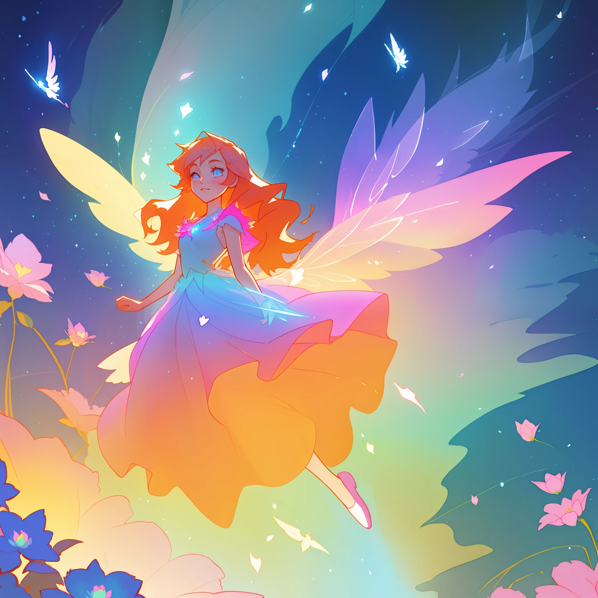 beautiful girl in flowing ballgown dress, (glowing fairy wings), glowing flowing ballgown, long wavy hair, sparkling fairy wings, watercolor illustration, flowers and colorful plants, inspired by Glen Keane, inspired by Lois van Baarle, disney art style, by Lois van Baarle, glowing aura around her, by Glen Keane, jen bartel, glowing lights! digital painting, flowing glowing hair, glowing flowing hair, beautiful digital illustration, fantasia otherworldly landscape plants flowers, beautiful, masterpiece, best quality, anime disney style