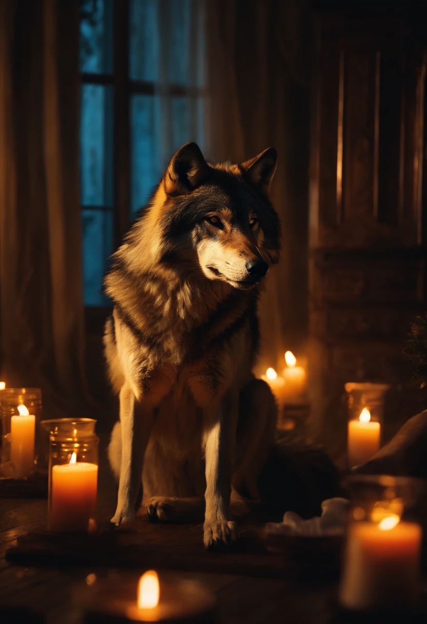 A wolf sitting alone and calm in an appartment, lighted by candles, at night. Behind him, a lot of wolves
