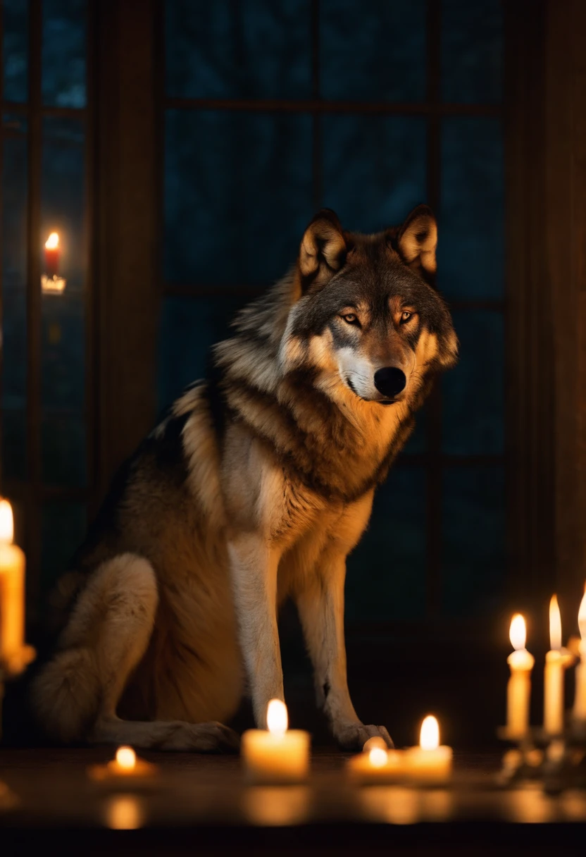 A wolf sitting alone and calm in an appartment, lighted by candles, at night. Behind him, a lot of wolves