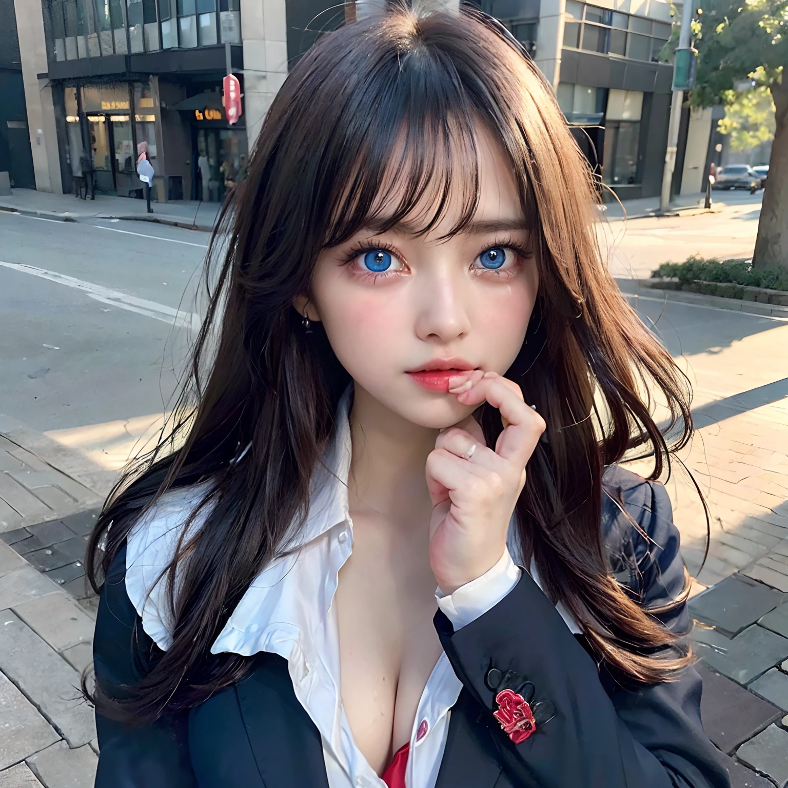 ((8K, top-quality, masterpiece, 超A high resolution, Photorealsitic:1.5)), 1girl in, cute sexy high schoolgirl, Perfect dynamic composition, In the school, tilt the neck, Take a look at you:1.4, Highly detailed eye and face texture:1.3, Fair skin, (Blazer type uniform with red tie:1.5, Open valley:1.2, Well-shaped big), (Beautiful blue eyes, Eyes that feel beautiful eros:1,4, Crying:1.7), (Face feeling ecstasy:1.4, Sexy face:1.4, red blush:1.3), (A mouthfeel that feels beautiful eros:1.45, Duck mouth), (I like you furiously:1.6), ((((Too erotic))))