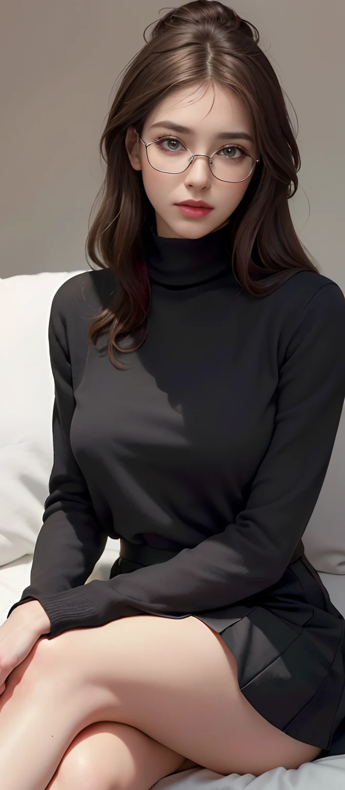 (best quality,4k,8k,highres,masterpiece:1.2),ultra-detailed,(realistic,photorealistic,photo-realistic:1.37),beautiful detailed eyes,longeyelashes,beautiful detailed lips,extremely detailed eyes and face,sleek black hair in a bun,smart glasses,frightened expression,vivid colors,dynamic lighting,best quality, masterpiece, (realistic:1.2), 1 girl, brown hair, brown eyes,Front, detailed face, beautiful eyes((Best quality, 8k, Masterpiece :1.3)), pretty woman, 1girl, pretty breasts :1.3, (firm abs, slender figure :1.1), lustful, dark brown hair, (sitting on couch, crossed legs, skirt :1.1), perfect eyes, perfect iris, perfect lips, perfect teeth, perfect skin, soft front light, glow, HDR, (muted colors: 1.2)
