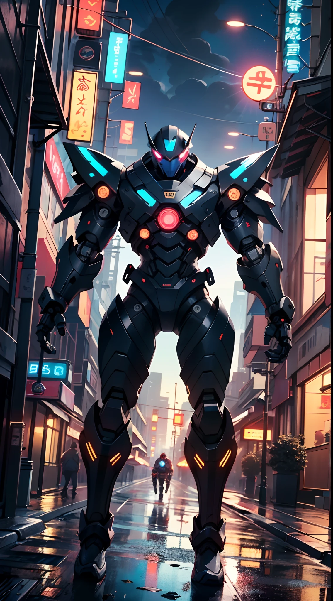 Imposing black plastic metal android robot,three meters tall and with a minimalist design that highlights its marked metallic musculature. His head is smooth and adorned with RGB lights that highlight his uniqueness and futurism.
He carries a metal backpack on his back that contains drones,turrets,and firearms. The backpack has spidery legs that allow it to move quickly.
Although most of his body is a deep,glossy black,there are orange,purple,and blue details that highlight his striking,futuristic design. It is undoubtedly an impressive creation that does not go unnoticed.
(((muscular))),hypermuscle, hyper muscles,carbon robot,humanoid robot, robot, robot joints, joints, helmet, armor, head-mounted display,(((robot with minimalist design))),
(dynamic pose:1.0),solo focus,(centered,scale to fit dimensions,Rule of thirds),
cyberpunk city by the ocean at night, with bright neon signs and dark stormy clouds and puddles, scenery:1.25,
artistic photography,(photography taken by sldr),highres, sharp focus, (ultra detailed, extremely detailed), (photorealistic artwork:1.37),(extremely detailed CG unity 8k wallpaper),((synthwave background theme)),(((vibrant colors))),(intricate background),(masterpiece),(best quality),