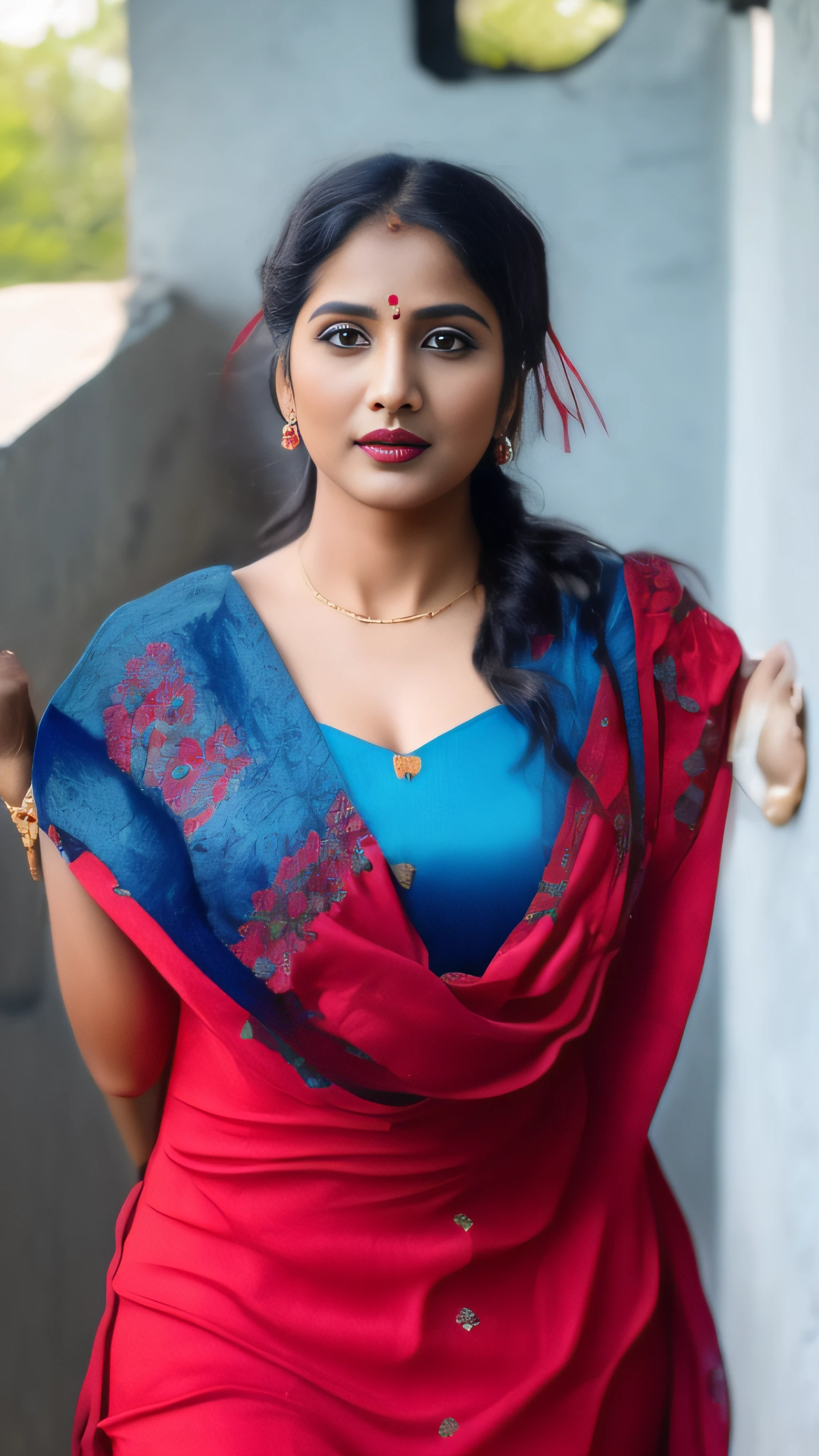 ((Dark red big natural lips,sparkling wine eyes and medium breasts))、(((An srilanka model in a red dress and blue scrap)))、 traditional beauty, very beautiful enga style, with lovely look, very beautiful girl, blue colored traditional wear, movie stills photography, indian, very attractive and beautiful, red and blue garments, cute beautiful, assamese aesthetic, inspired by T. K. Padmini, mid shot portrait
