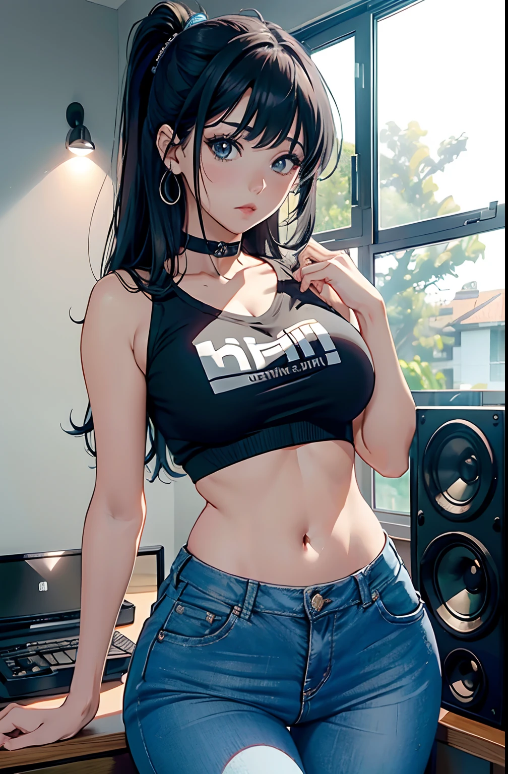 (Hinata Hyuga, muito sensual, com roupas apertadas, bunda grande, pernas grossas, Wearing extremely tight jeans, usando uma mini blusa, umbigo com pirsing, cabelo grande, Speaker behind, muito realista, extremamente , 8k, 8k extremamente detalhado), (um extremamente delicado e bonito), (obra-prima), (melhor qualidade: 1.0), (ultra highres:1.0)