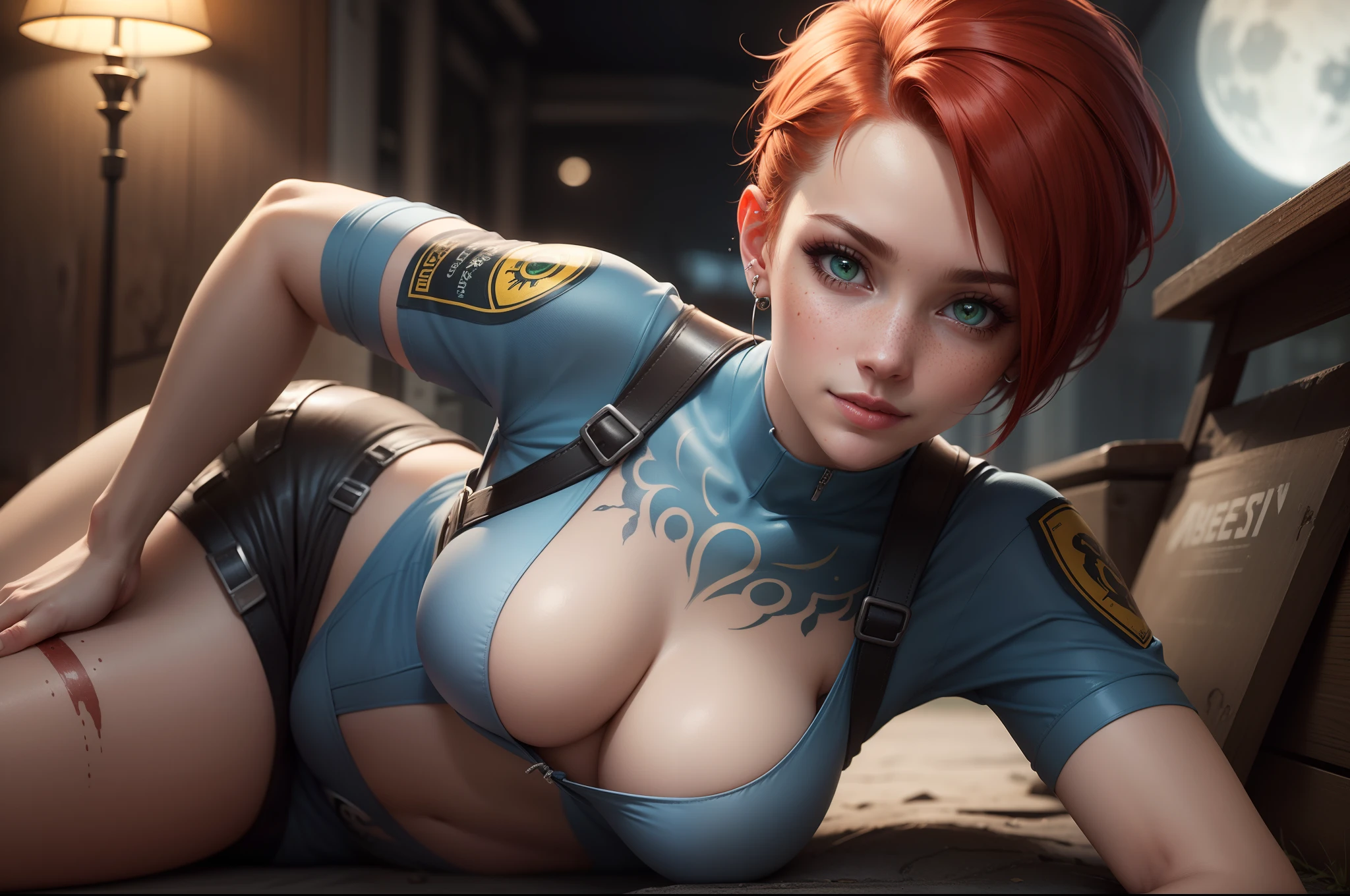 gwen tennyson,tracer,jill valentine, rebecca chambers,overwatch,resident evil,close up,mecha pilot,body paint, haunted mansion,tattoos,blue and gray plugsuit,white short sleeve silk top,steel cargo pants,uncovered belly, short hair,cute makeup,green eyes, red and gold hair,shy smile,freckles, redhead,beautiful girl,large breasts, ultra detailed,realistic,fantasy art, military uniform,steel armor,monster lab,moonlight,police uniform,pilot jacket,ear piercings,hair pin,wet body, portrait close up,solo girl,single person,