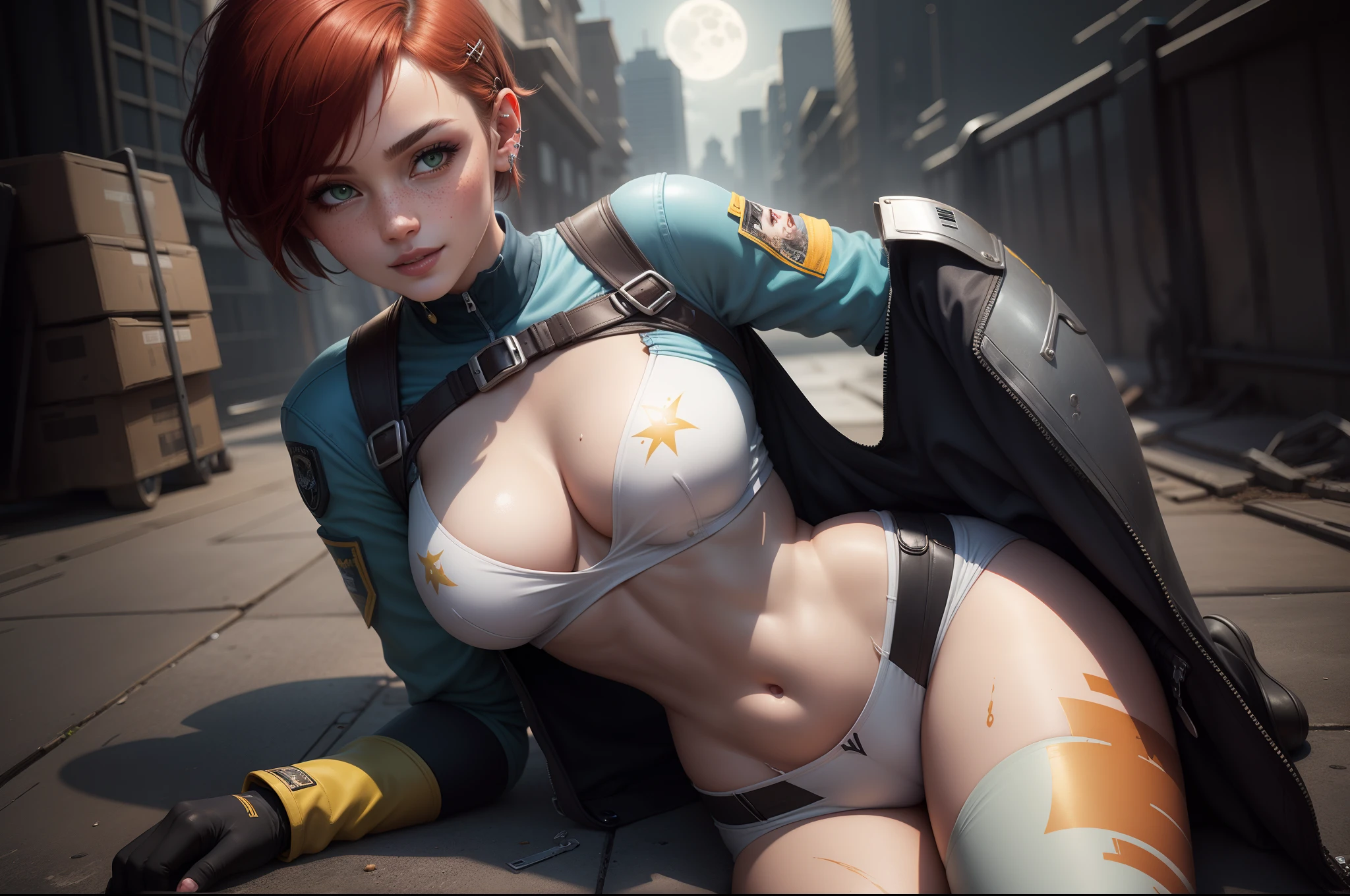gwen tennyson,tracer,jill valentine, rebecca chambers,overwatch,resident evil,close up,mecha pilot,body paint, haunted mansion,tattoos,blue and gray plugsuit,white short sleeve silk top,steel cargo pants,uncovered belly, short hair,cute makeup,green eyes, red and gold hair,shy smile,freckles, redhead,beautiful girl,, ultra detailed,realistic,fantasy art, military uniform,steel armor,monster lab,moonlight,police uniform,pilot jacket,ear piercings,hair pin,wet body, portrait close up,solo girl,single person,
