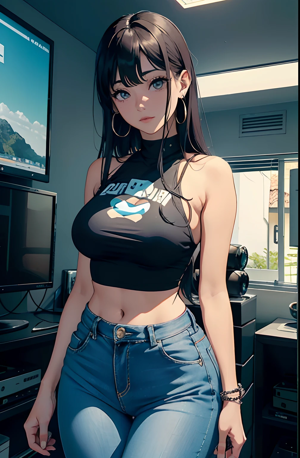 (Hinata Hyuga, muito sensual, com roupas apertadas, bunda grande, pernas grossas, Wearing extremely tight jeans, usando uma mini blusa, umbigo com pirsing, cabelo grande, Speaker behind, muito realista, extremamente sexy, 8k, 8k extremamente detalhado), (um extremamente delicado e bonito), (obra-prima), (melhor qualidade: 1.0), (ultra highres:1.0)