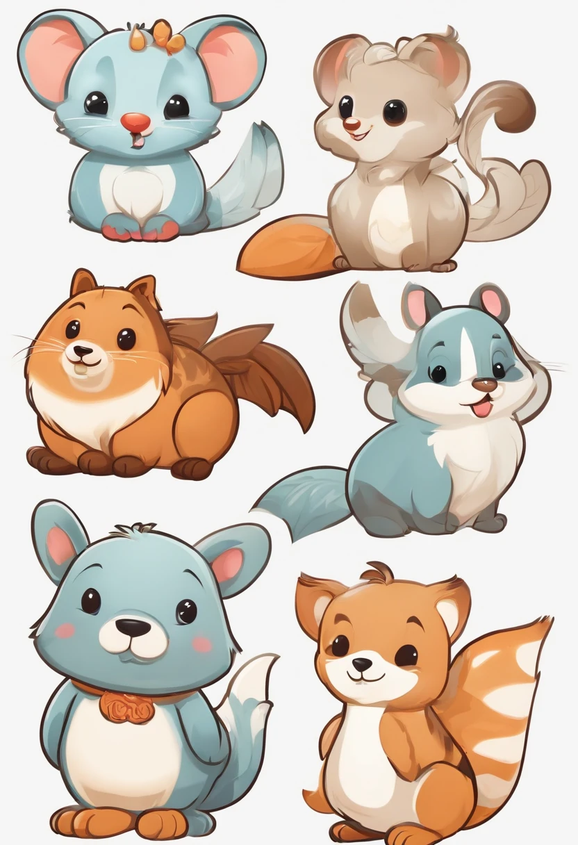 (Cartoon critters),adolable,(Sticker screen),white edges,Distribute to typesetting sets,(Sticker style),Flat style,Rich in color,(Small animals),cute illustration,flatillustration,paper cut out,solid color backdrop