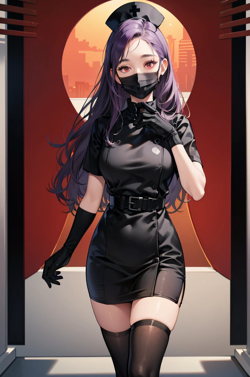 black nurse, 1woman, solo, black nurse cap, black wear, ((black legwear, zettai ryouiki)), black elbow gloves, long hair, purple hair, red eyes, ((black surgical mask, covered nose)), standing, ((surgery room)), sharp outline, short sleeves, mature female, 35 years old, best quality, masterpiece