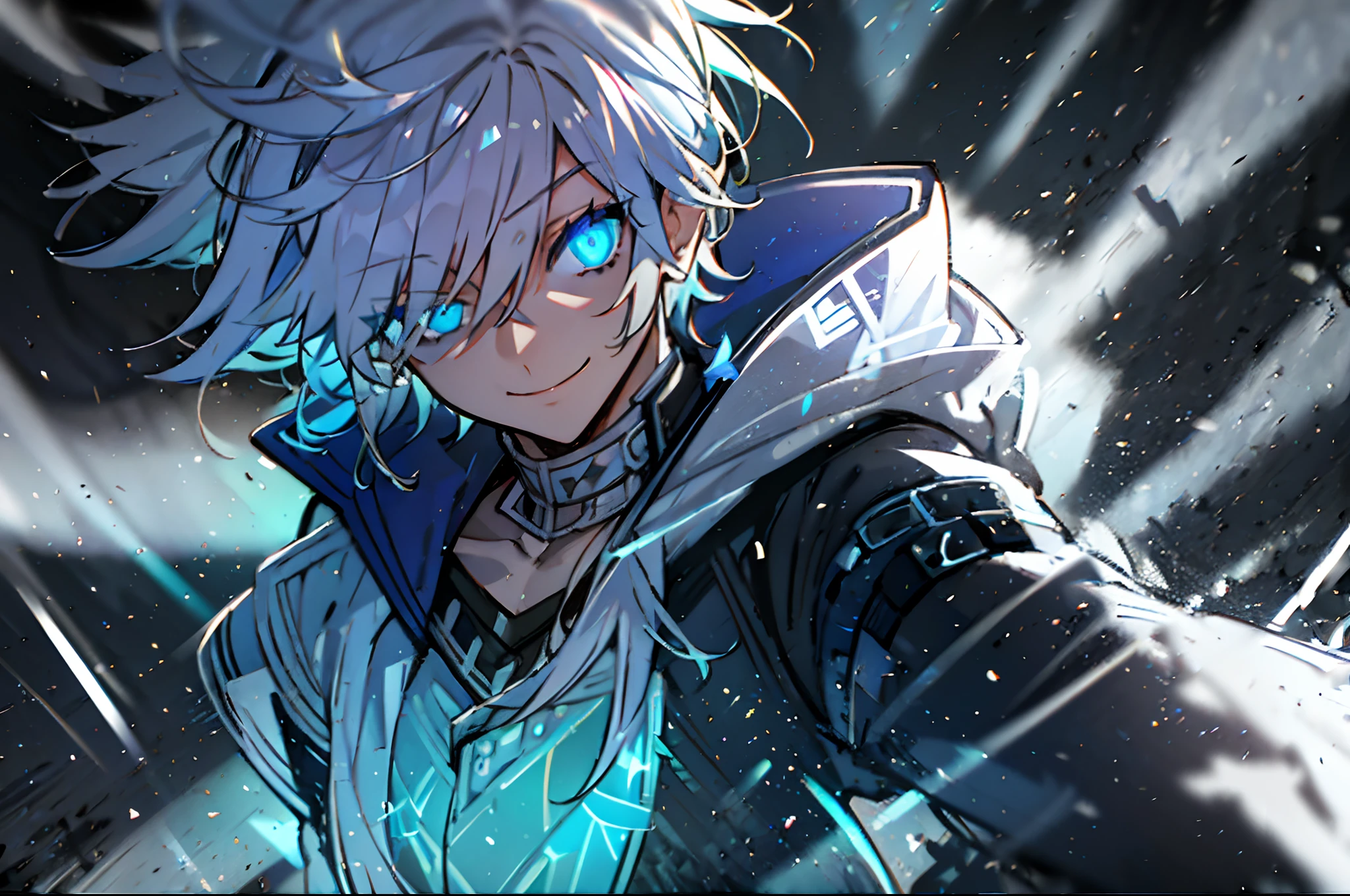 hight resolution,Anime boy with white hair and blue eyes staring at camera, Glowing blue eyes,slim, dressed in a black outfit,Shadow Body,de pele branca,monochromes,hair messy,Aggressive smile,Diagonal angle、