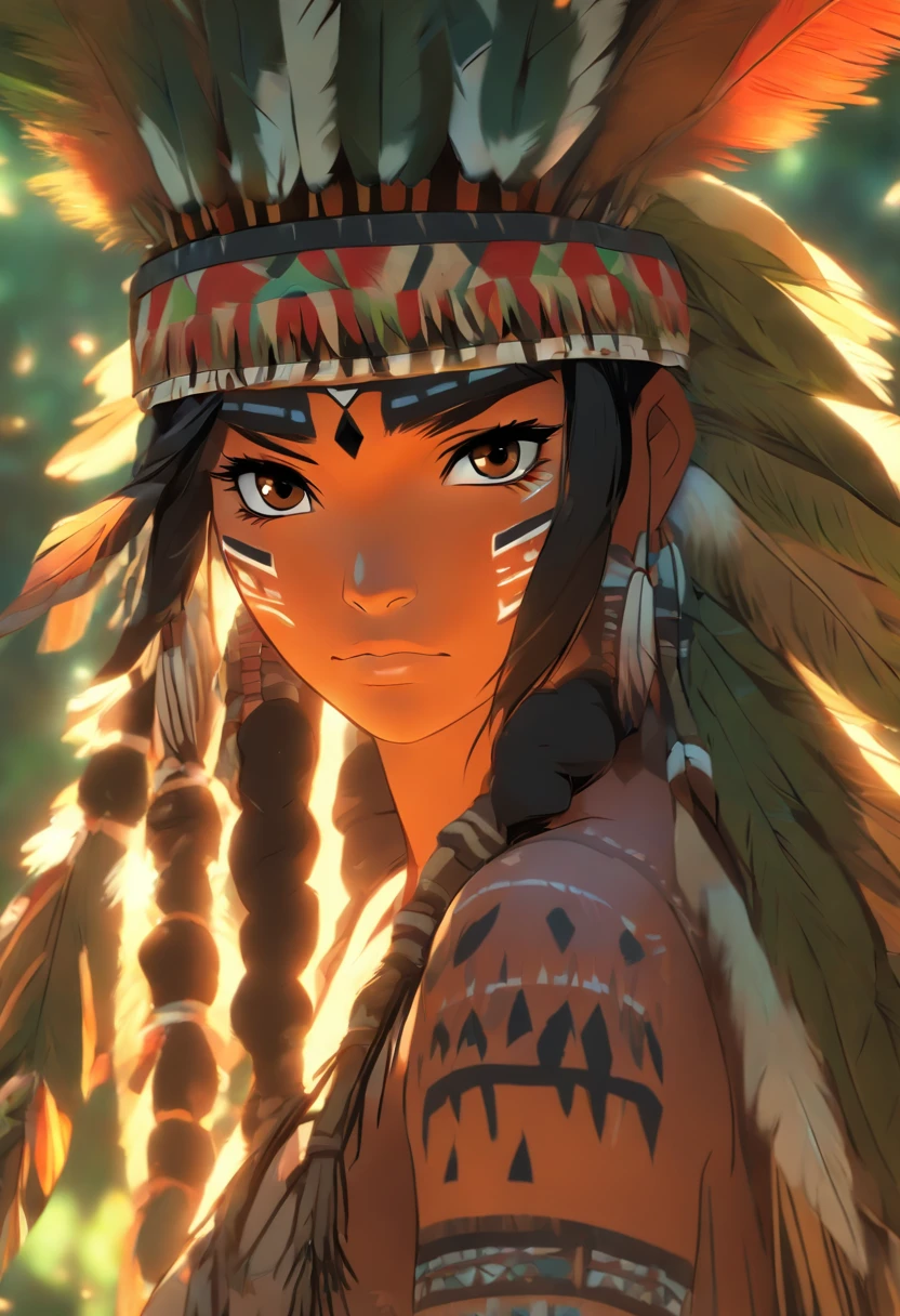 (((Indigenous woman))) best quality, very high resolution, detailed CG in 4K, masterpiece, green feathers, amazon brazil, rivers, indigenous people, indigenous tribes, indigenous city, forest, aesthetics, beautiful image, centered on the screen, full body