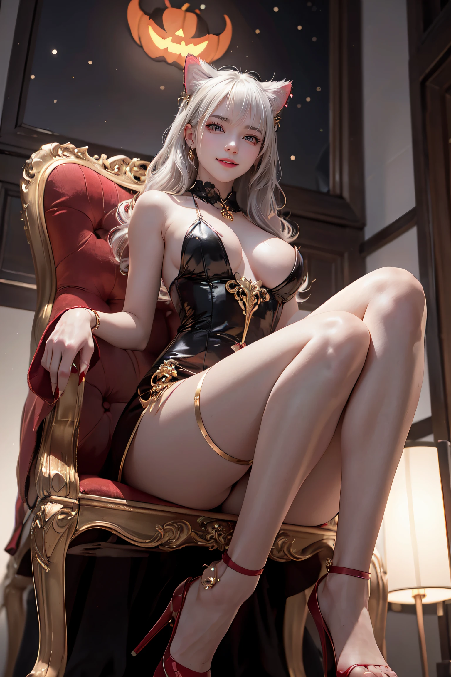 masterpiece, top-quality, top-quality, Beautifully Aesthetic:1.2, 1girl, Halloween night, Wearing a Luxury cat costume, high detailed, ((Red eyes:1.8)), Sitting on the Luxury chair with legs full opened, (large breasts, firm breast, nicely shaped breasts, slender figure), 
((Gray hair, Red colored inner hair)), wavy hair, (medium hair:1.2), (asymmetrical bangs:1.2),
in the Halloween costume party venue at late night, (Full body shot:1.1), (From below:1.2),