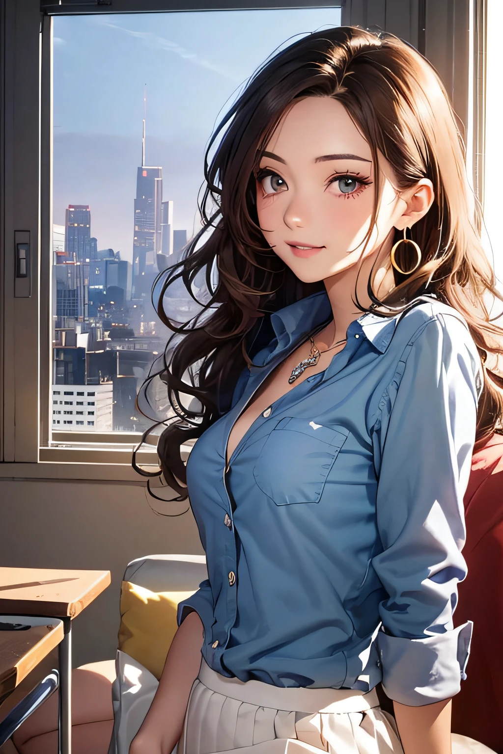 (masutepiece: 1.3), (max res: 1.2), (Ultra HDTV: 1.2), cinema lite, Ultra HDTV, (Detailed eyes and skin), (Detailed facial features), ULTGP, 8K resolution, Sharp focus: 1.2, Perfect style, Beautiful face, ssmile,Perfect body, acurate, Anatomically correct, Highly detailed face and skin texture, Detailed eyes, dark strong blue eye, Double eyelids, Thin eyebrows, dropping eyes, glitter eyeliner: 1.2, natural cheeks, Glossy glossy skin, Fair skin: 1.2, shiny little necklace and earrings, (Glossy lips: 1.4), Break, One-person viewpoint, (she is very Cute high school trainee Teacher), (Wearing a Button up shirt, pencil skirts, high-heels), (Seductive smile: 1.2), ((20 years old, Very cute girl:1.4)), (Wavy hair), (ligh brown hair:1.2), Long hair, (Full body shot: 1.2), Break, ((Very intimate relationships: 1.2)), Medium large breasts, ((view the viewer:1.2)), (Slept on the sofa at the back of the room:1.2), (In the Very narrow student advisory room), (From the side Side:1.2),