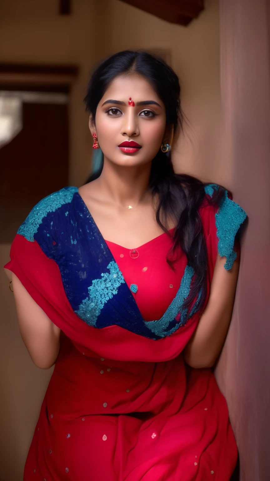 ((Dark red big natural lips,sparkling wine eyes and medium breasts))、(((An srilanka model in a red dress and blue scrap)))、 traditional beauty, very beautiful enga style, with lovely look, very beautiful girl, blue colored traditional wear, movie stills photography, indian, very attractive and beautiful, red and blue garments, cute beautiful, assamese aesthetic, inspired by T. K. Padmini, mid shot portrait