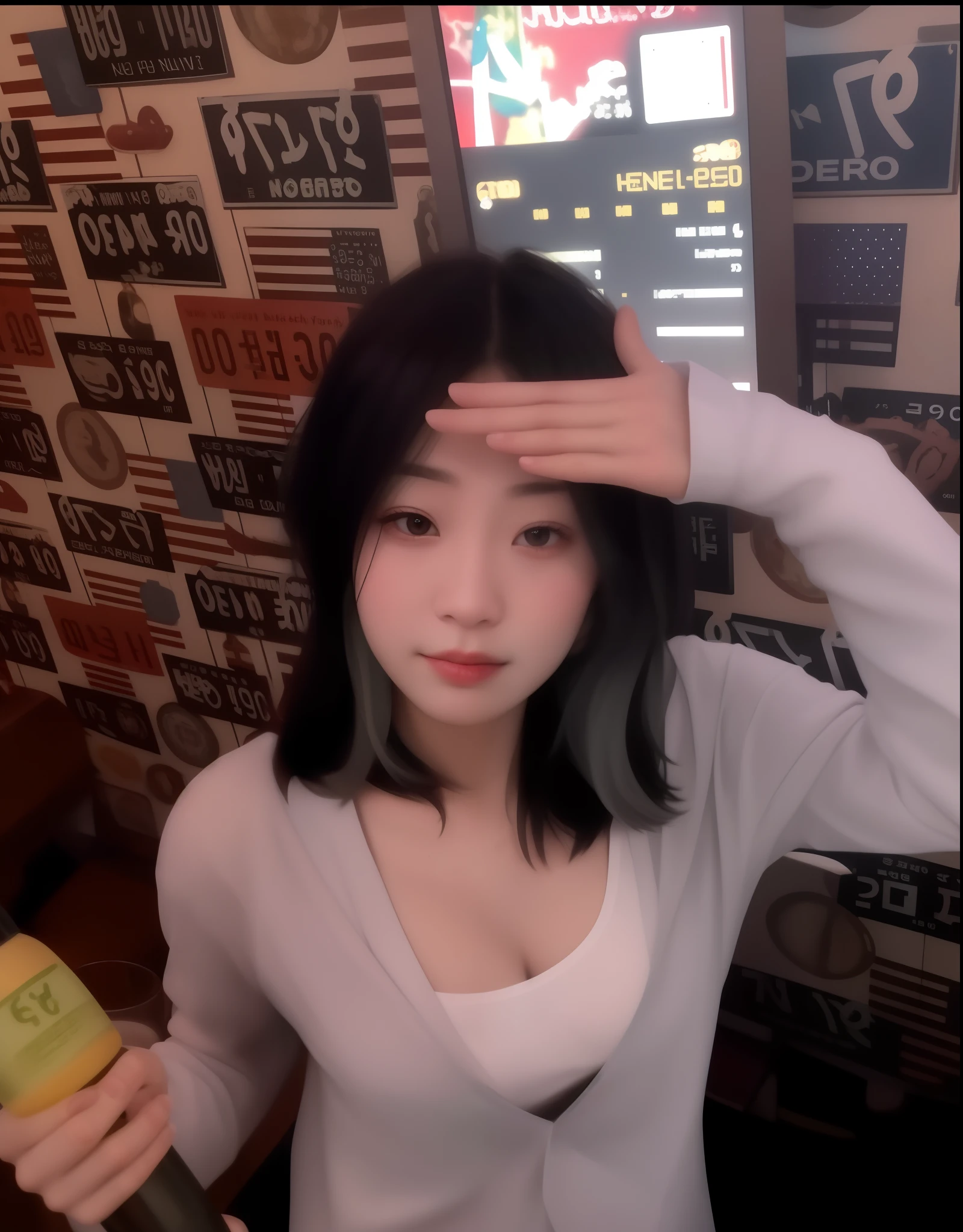 There was a woman holding a bottle and a cell phone, Korean girl, wan adorable korean face, 19-year-old girl, young cute wan asian face, She is facing the camera, kanliu666, low quality video, very very low quality, taken in the early 2020s