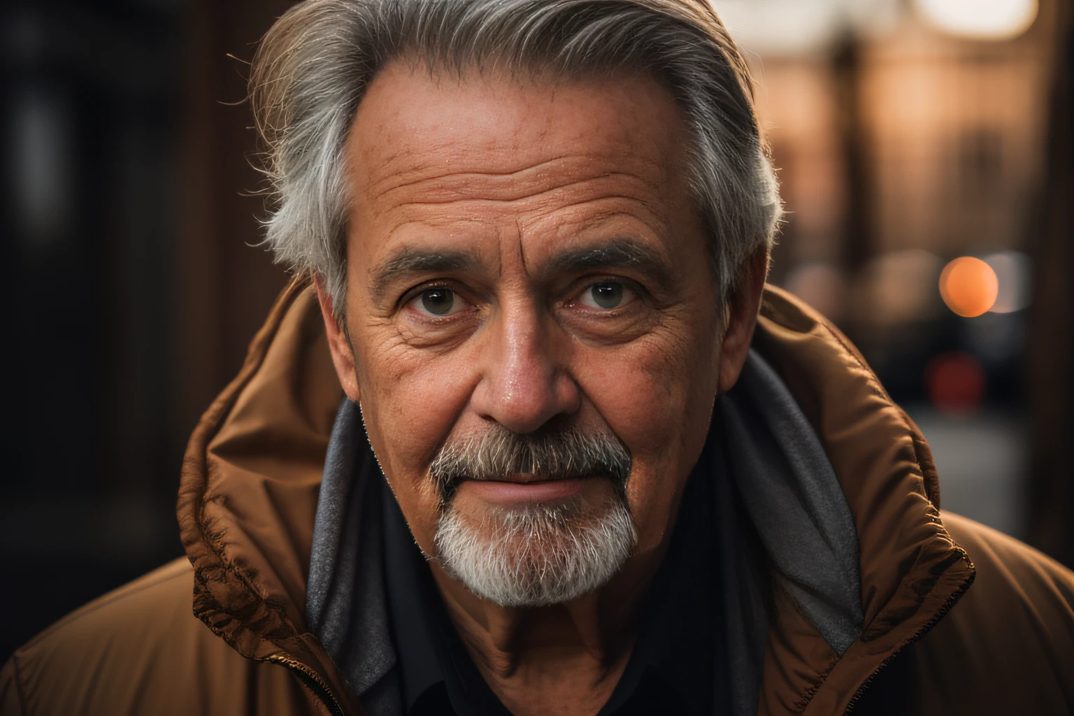 homem mais velho com cabelos grisalhos e barba vestindo uma jaqueta marrom, homem de cabelos grisalhos escuros, cinematic headshot portrait, color photograph portrait 4k, Retrato tirado 8 K, foto retrato suave 8 k, homem de meia-idade, cinematic portrayal, foto do retrato de um homem velho, foto de um homem, Retrato de 50mm, fotografia retrato 4K, 50 mm lens photo portrait
