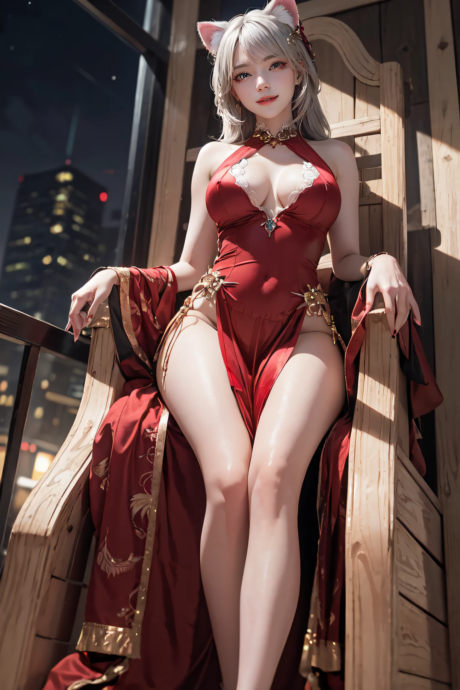 masterpiece, top-quality, top-quality, Beautifully Aesthetic:1.2, 1girl, Halloween night, Wearing a Luxury cat costume, high detailed, ((Red eyes:1.8)), Sitting on the Luxury chair with legs full opened, (large breasts, firm breast, nicely shaped breasts, slender figure),
((Gray hair, Red colored inner hair)), wavy hair, (medium hair:1.2), (asymmetrical bangs:1.2),
in the Halloween costume party venue at late night, (Full body shot:1.1), (From below:1.2),