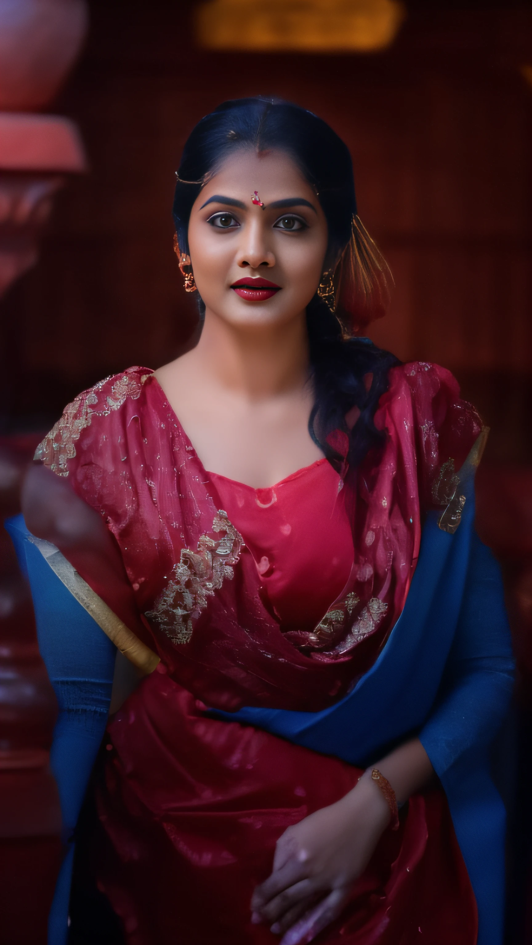 ((Dark red big natural lips,sparkling wine eyes and medium breasts))、(((An srilanka model in a red sari and blue blouse)))、 traditional beauty, very beautiful enga style, with lovely look, very beautiful girl, blue colored traditional wear, movie stills photography, indian, very attractive and beautiful, red and blue garments, cute beautiful, assamese aesthetic, inspired by T. K. Padmini, mid shot portrait