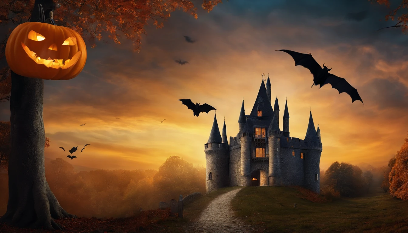Halloween，Femelles，The Witch，courge，Castles，bat，balai，Voler dans le ciel，Les bois