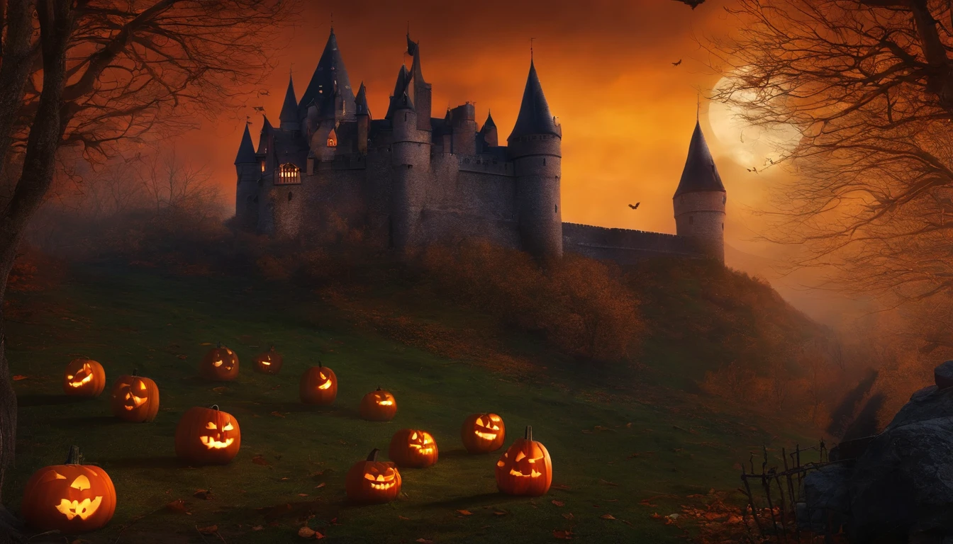 Halloween，Femelles，The Witch，courge，Castles，bat，balai，Voler dans le ciel，Les bois