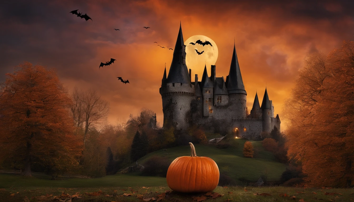 Halloween，Femelles，The Witch，courge，Castles，bat，balai，Voler dans le ciel，Les bois