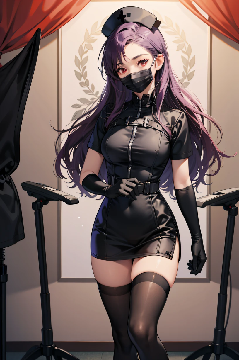 black nurse, 1woman, solo, black nurse cap, black wear, ((black legwear, zettai ryouiki)), black elbow gloves, long hair, purple hair, red eyes, ((black surgical mask, covered nose)), standing, ((surgery room)), sharp outline, short sleeves, mature female, 35 years old, best quality, masterpiece
