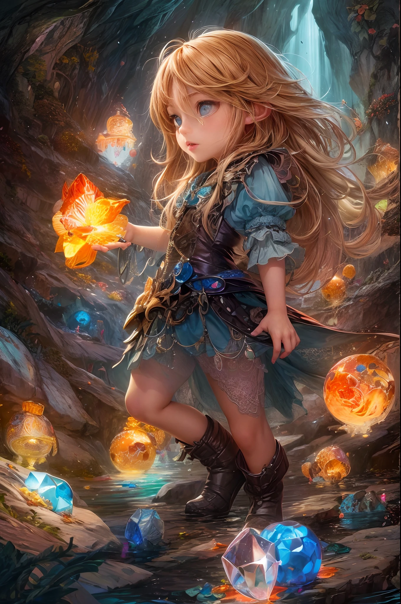 "In the heart of the Cave of Wonders, a girl with flowing hair explores the breathtaking underground grotto. She is surrounded by enormous, glistening gemstones, their vivid colors casting a magical allure. The play of light and shadows adds depth and mystery to the scene.