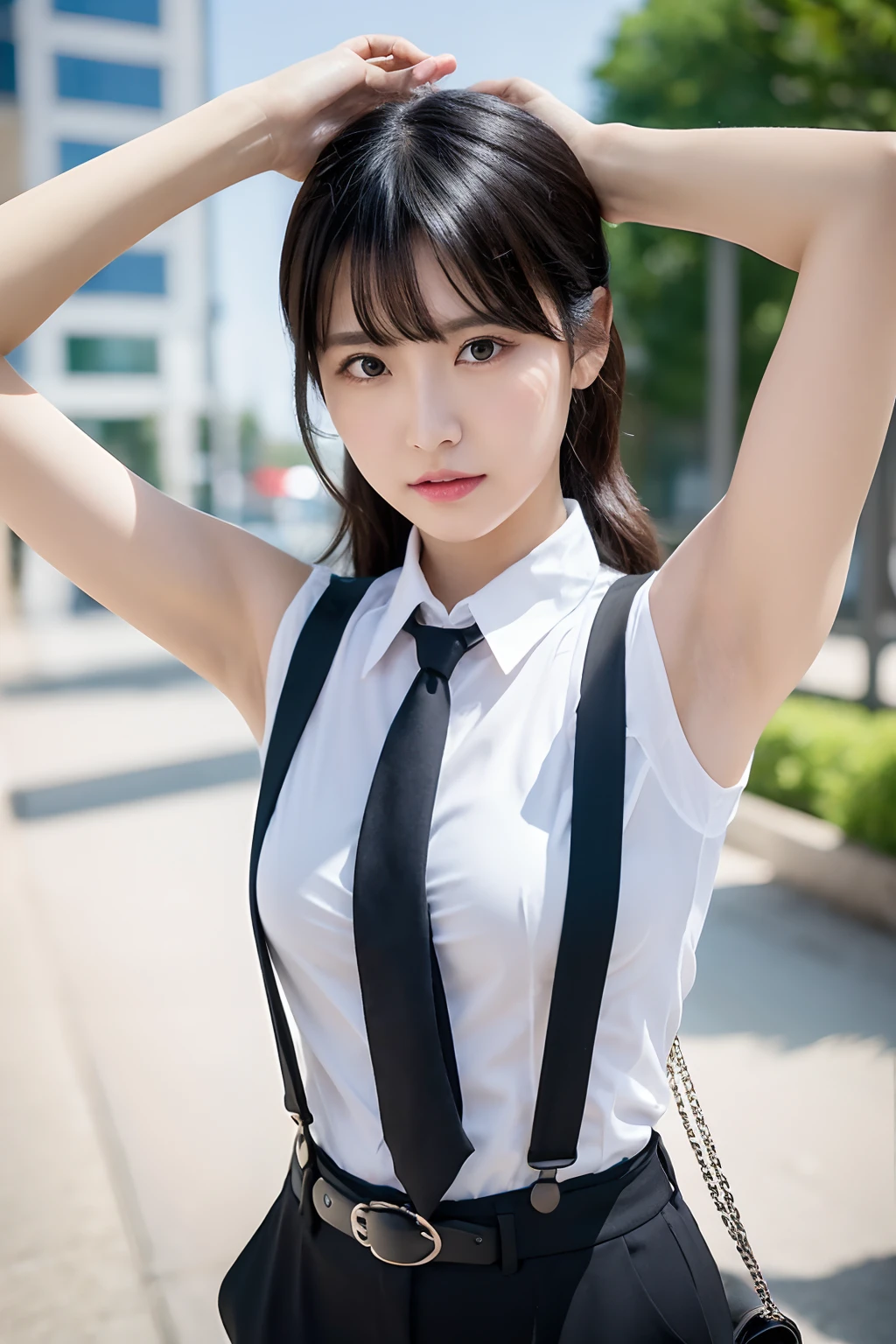 (masutepiece:1.2),High quality,vivd colour,flat-colors,Deep Depth Of Field,Lens Flare,1 girl,Black hair,eyecontact,Suit,Collared shirt,Belt bag,suspenders,Professional,Office Lady,Mature Women,Black Suit,Black jacket,Gaze,ample bosom,Armpit sweat,Exposing the armpits"Pichi Pichi clothes