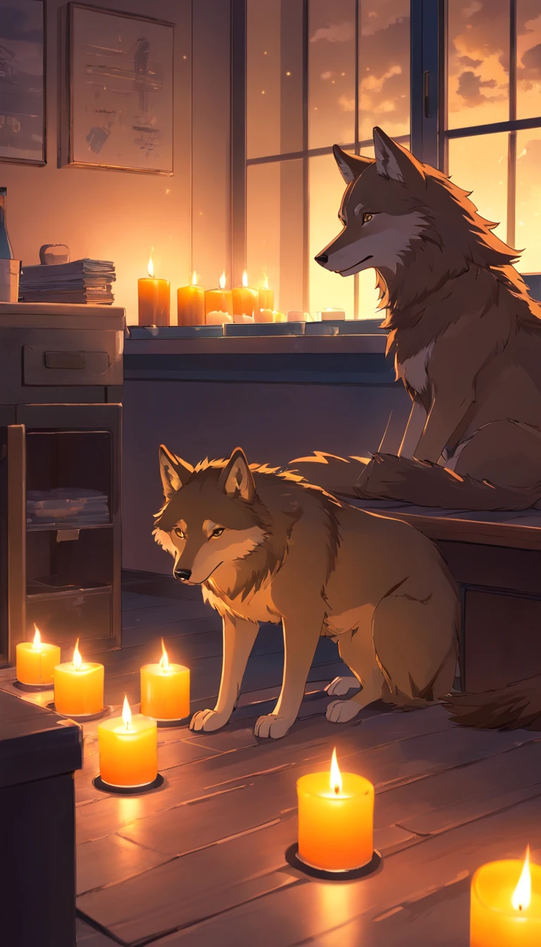 A wolf sitting alone and calm in an appartment, lighted by candles, at night. Behind him, a lot of wolves